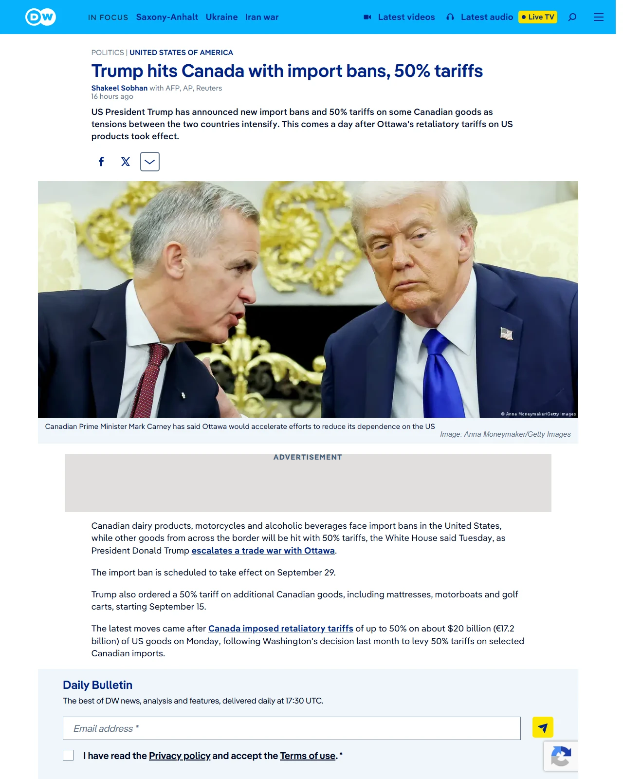 dw.com as published: Trump escalates trade war with Canada with import bans, 50% tariffs