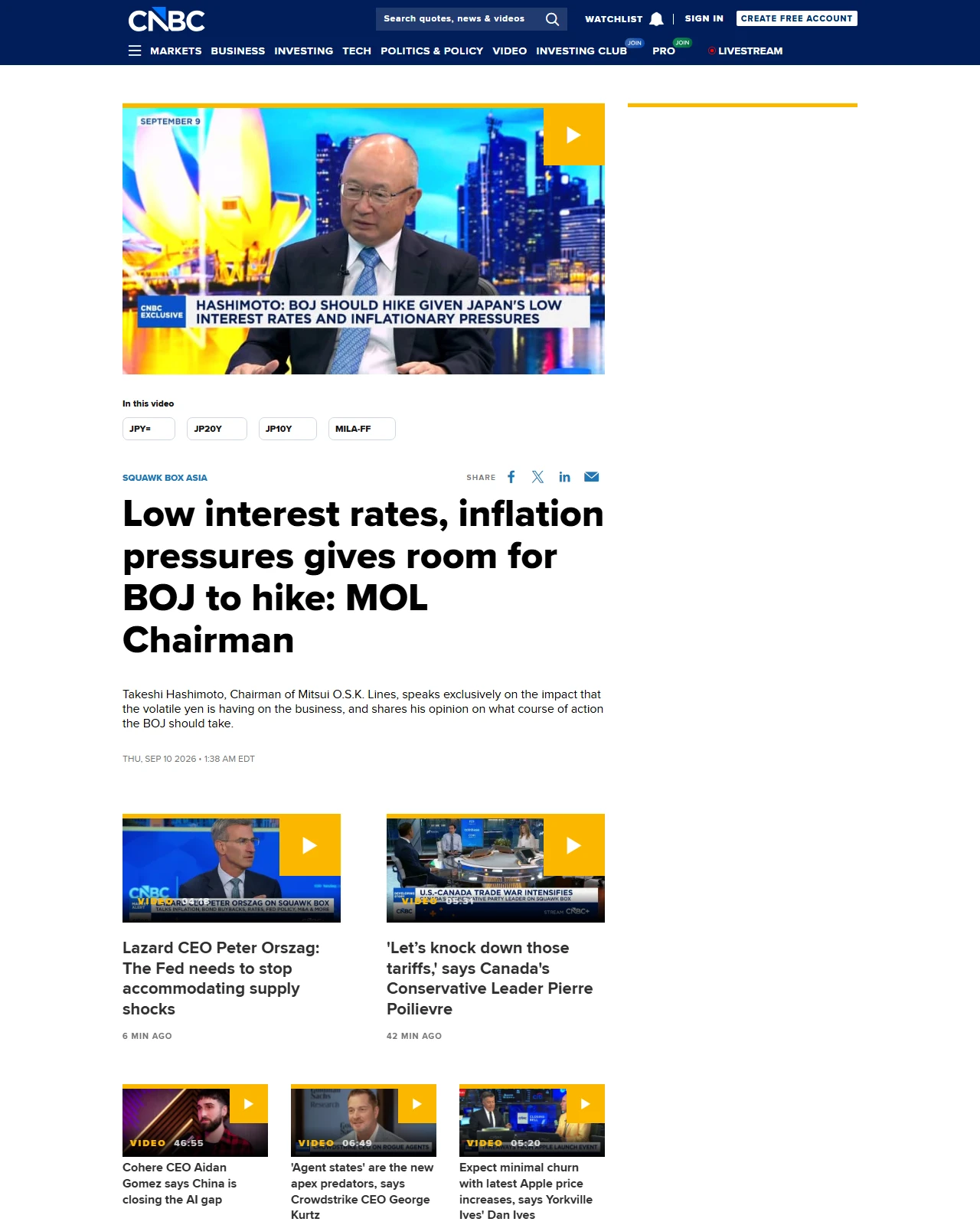 cnbc.com as published: Low interest rates, inflation pressures gives room for BOJ to hike: MOL Chairman
