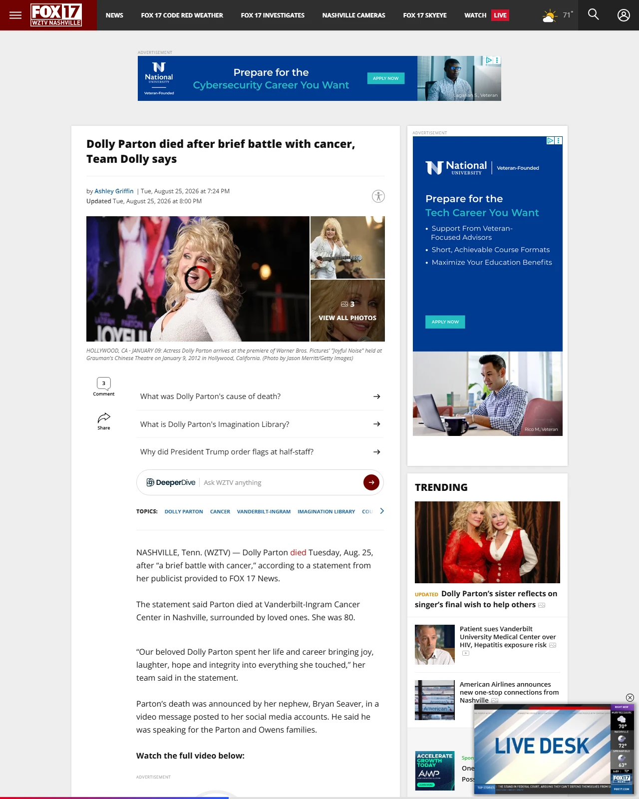 fox17.com as published: Dolly Parton died after brief battle with cancer, Team Dolly says