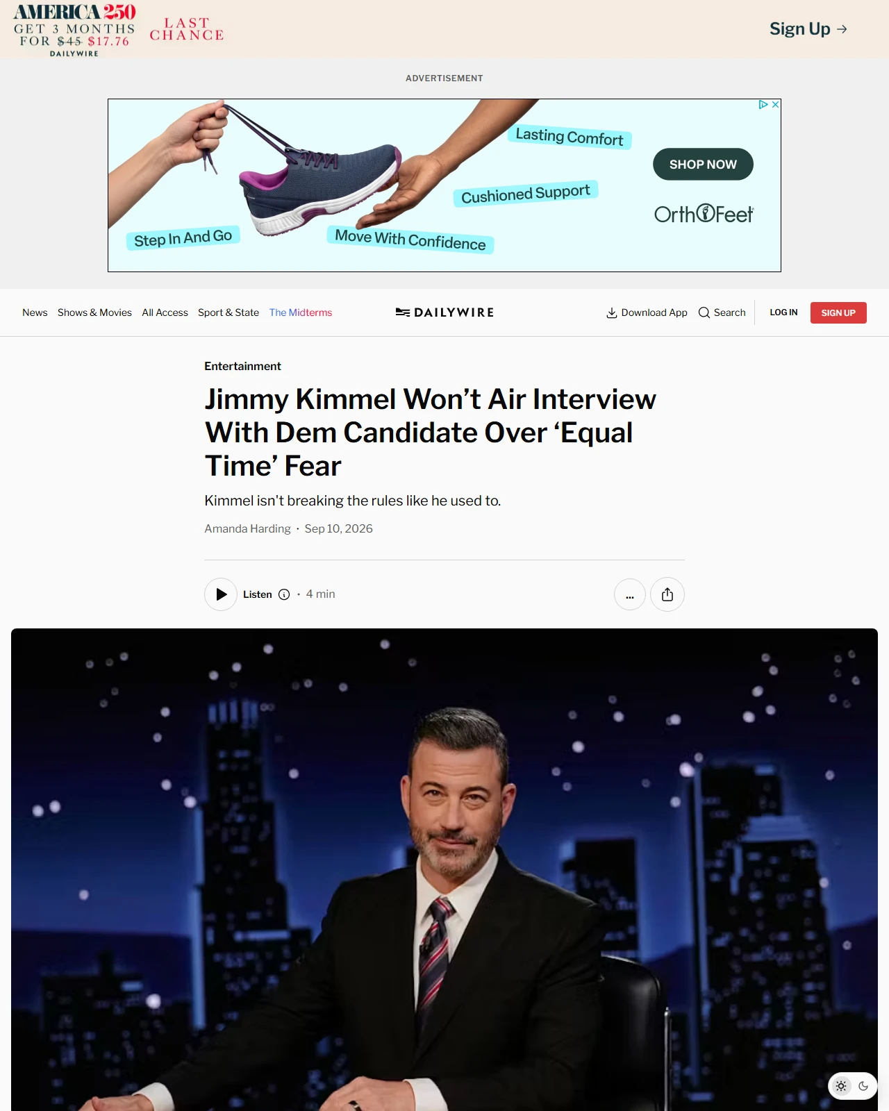 dailywire.com as published: Jimmy Kimmel Won’t Air Interview With Dem Candidate Over ‘Equal Time’ Fear