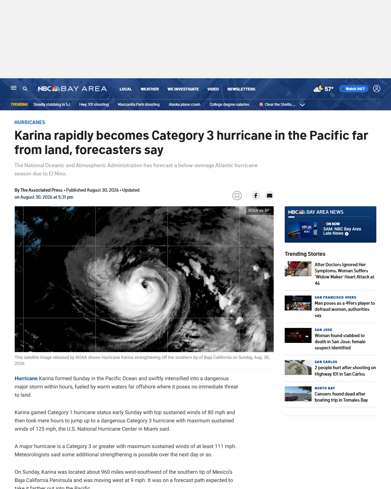 nbcbayarea.com as published: Karina becomes a Pacific hurricane well away from land and is forecast to become a major storm