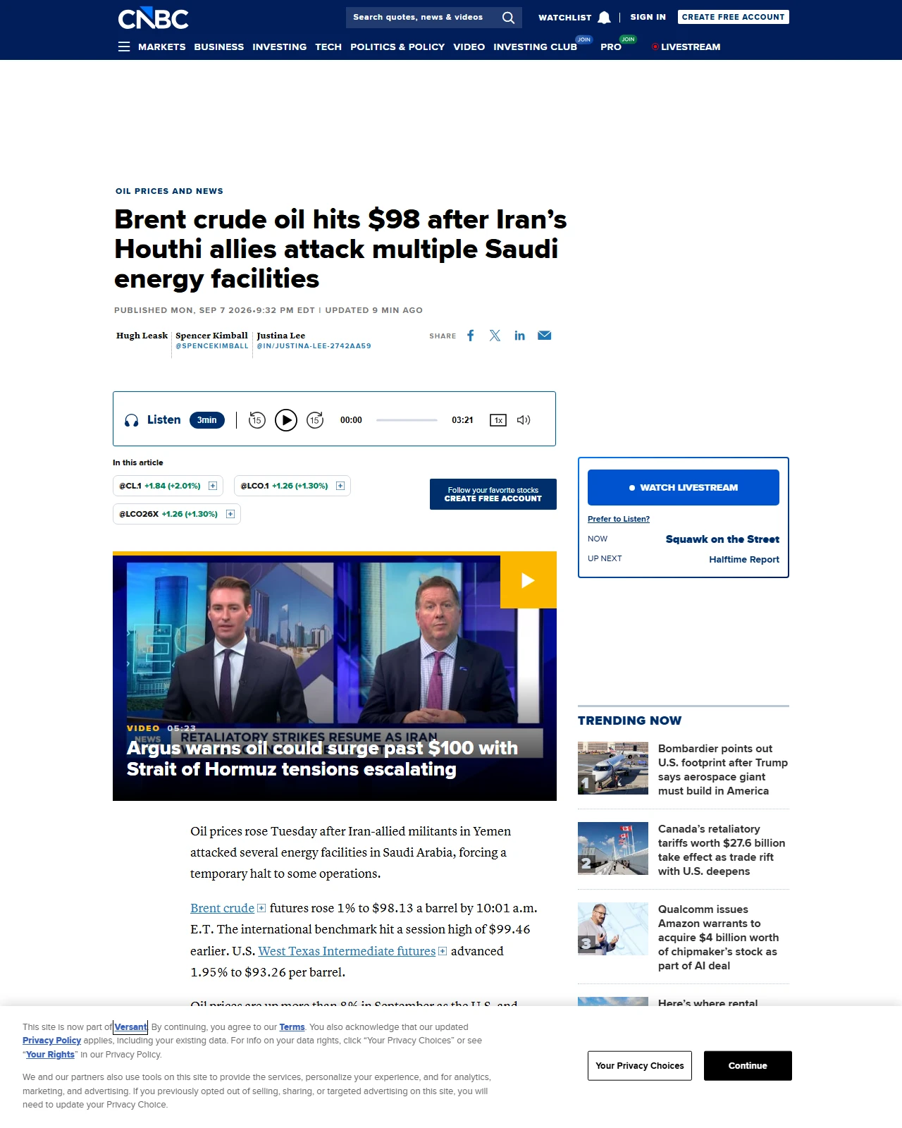 cnbc.com as published: Brent crude oil near $98 after Iran's Houthi allies attack multiple Saudi energy facilities