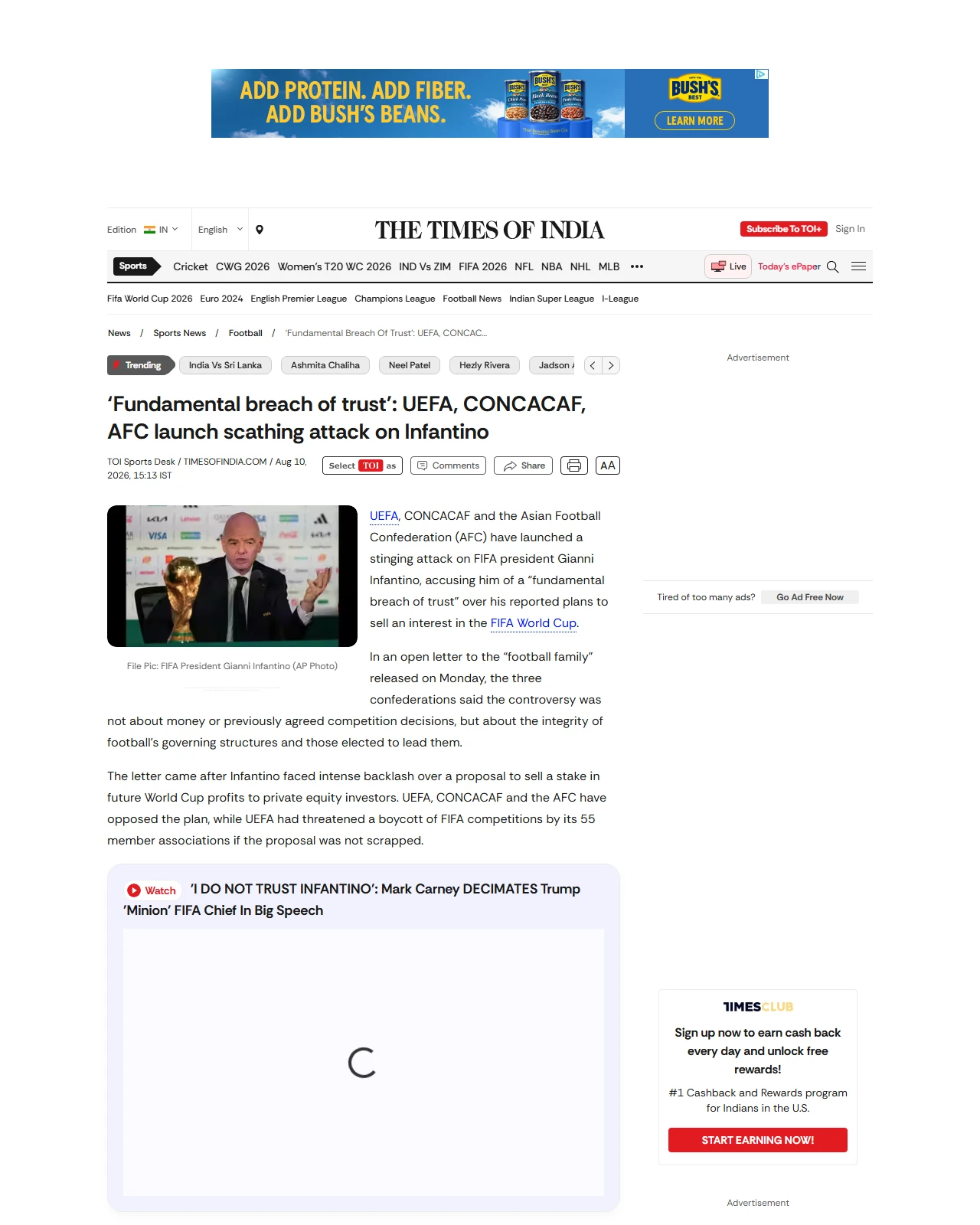timesofindia.indiatimes.com as published: ‘Breach of trust’: UEFA, CONCACAF, AFC launch scathing attack on Infantino