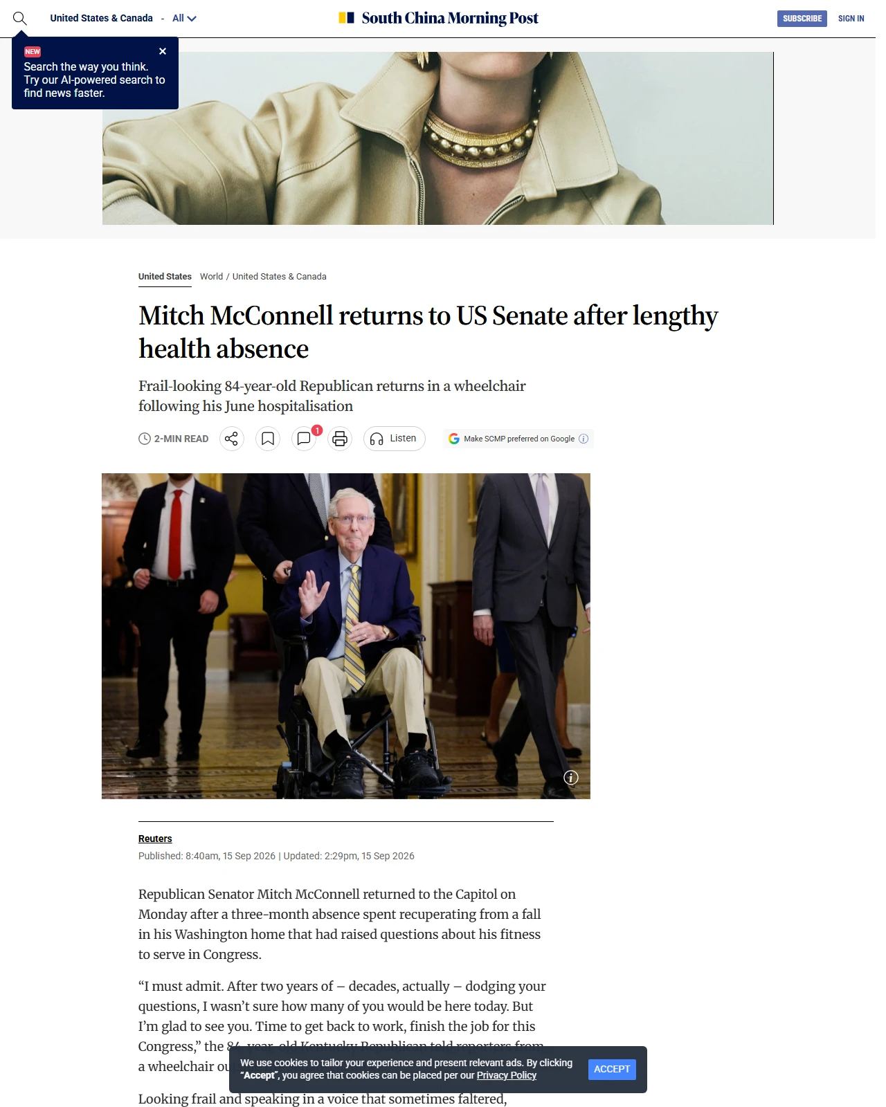 scmp.com as published: Mitch McConnell returns to US Senate after lengthy health absence
