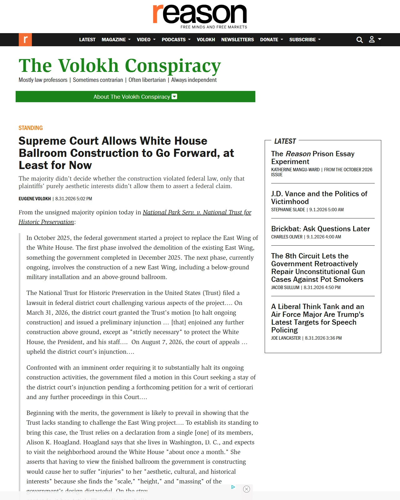 reason.com as published: Supreme Court Allows White House Ballroom Construction to Go Forward, at Least for Now