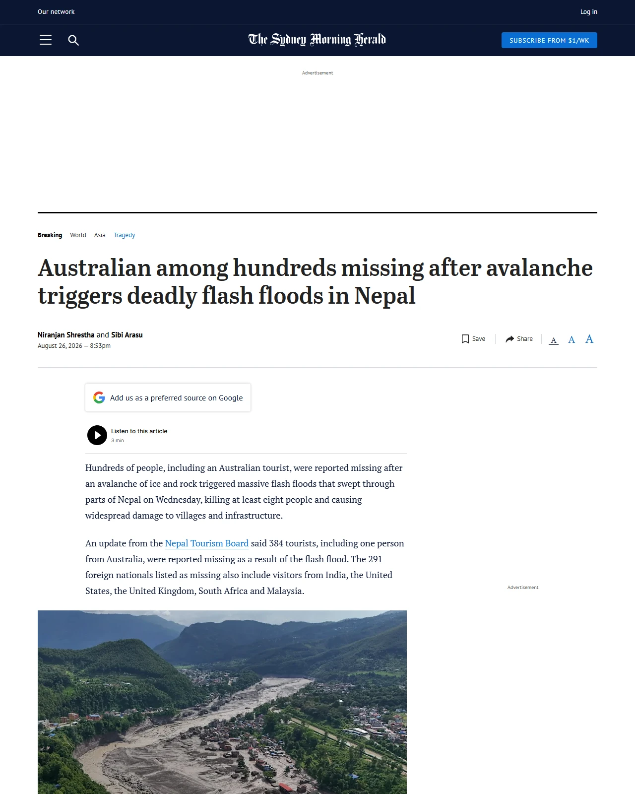 smh.com.au as published: Thirty-four Australians among hundreds missing in deadly flash floods in Nepal
