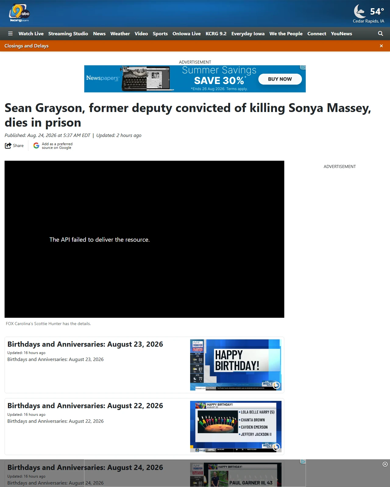 kcrg.com as published: Sean Grayson, former deputy convicted of killing Sonya Massey, dies in prison