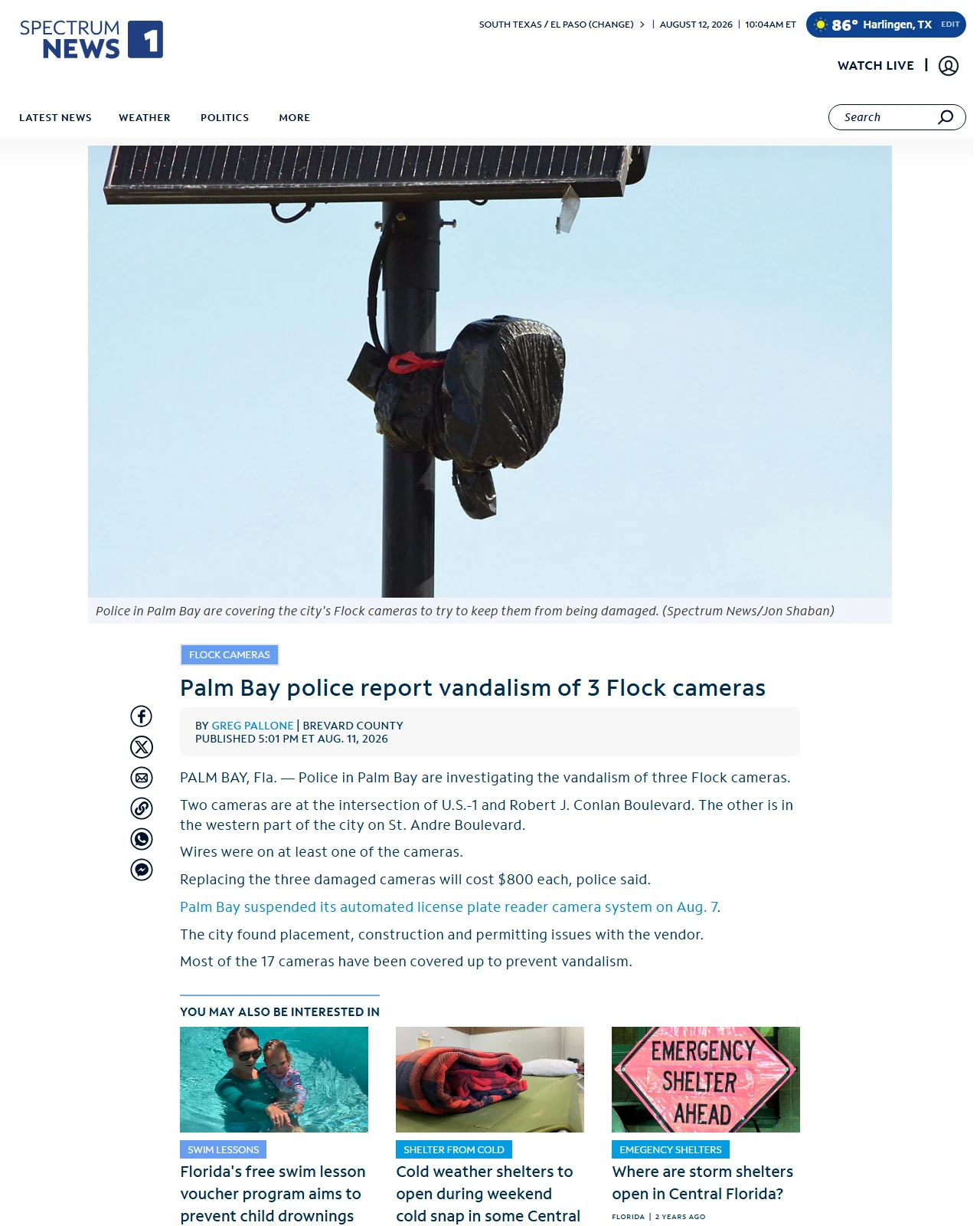 spectrumlocalnews.com as published: Palm Bay police report vandalism of 3 Flock cameras