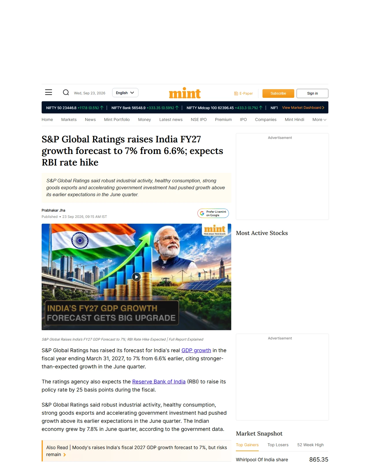 livemint.com as published: S&P Global Ratings raises India FY27 growth forecast to 7% from 6.6%; expects RBI rate hike
