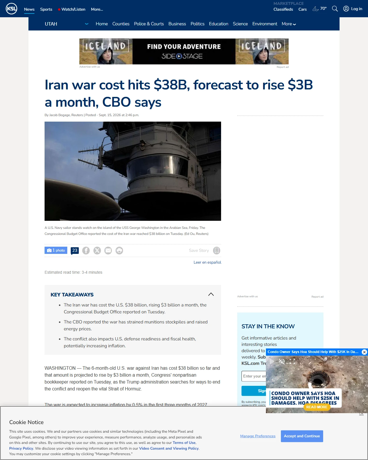 ksl.com as published: Iran war cost hits $38B, forecast to rise $3B a month, CBO says