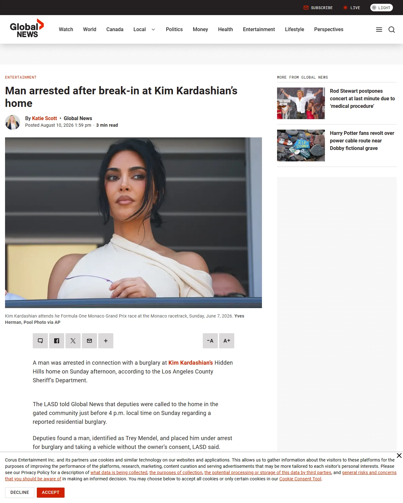 globalnews.ca as published: Man arrested after break-in at Kim Kardashian’s home