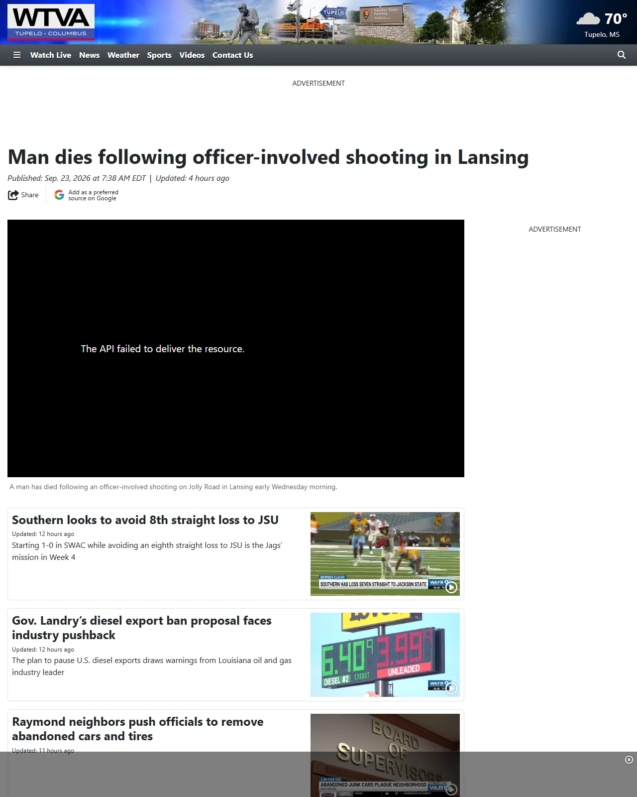 wtva.com as published: Man dies following officer-involved shooting in Lansing