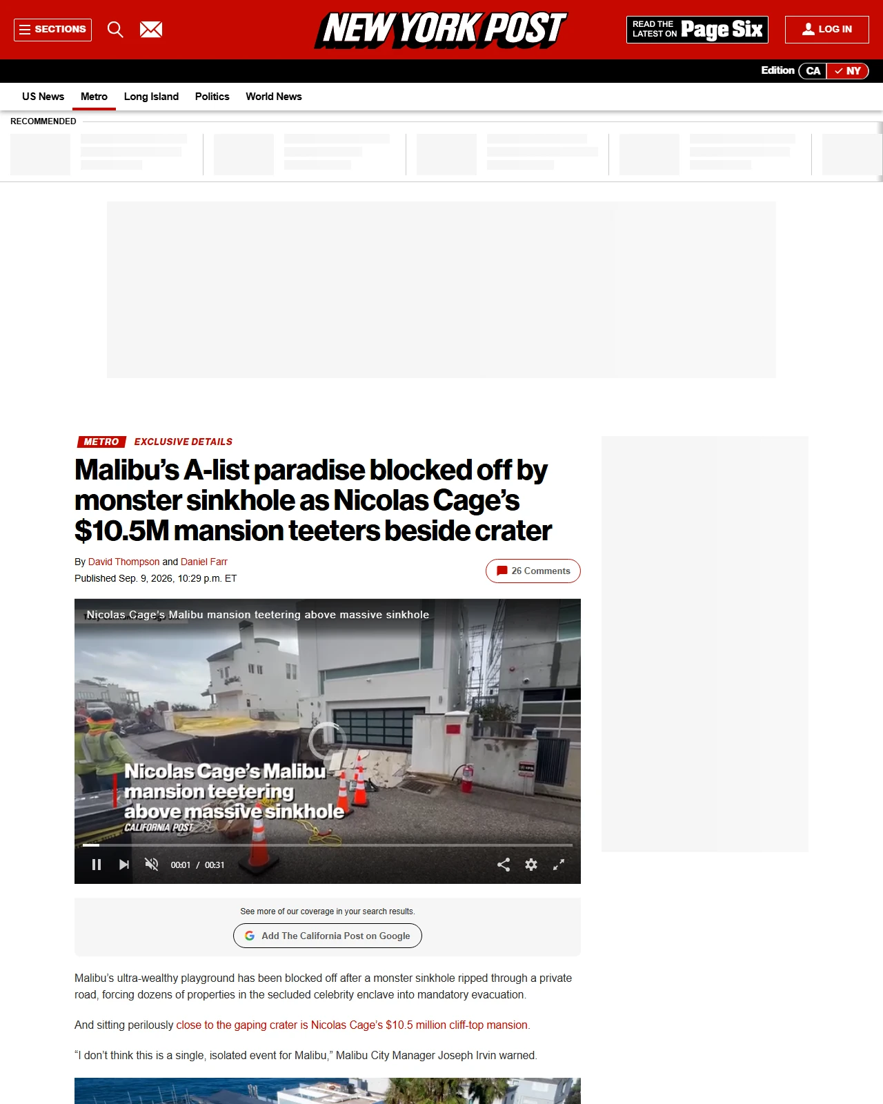 nypost.com as published: Malibu’s A-list paradise blocked off by monster sinkhole as Nicolas Cage’s $10.5M mansion teeters beside crater