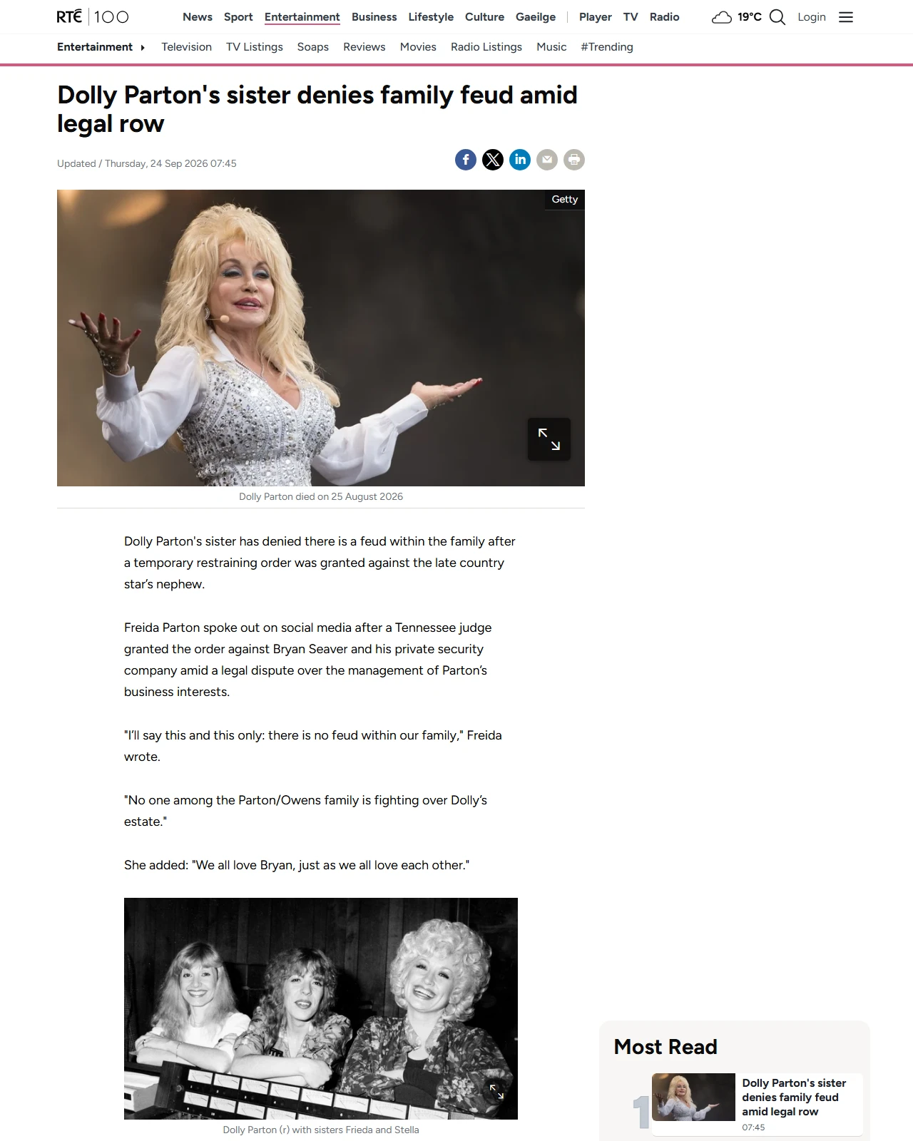 rte.ie as published: Dolly Parton's sister denies family feud amid legal row