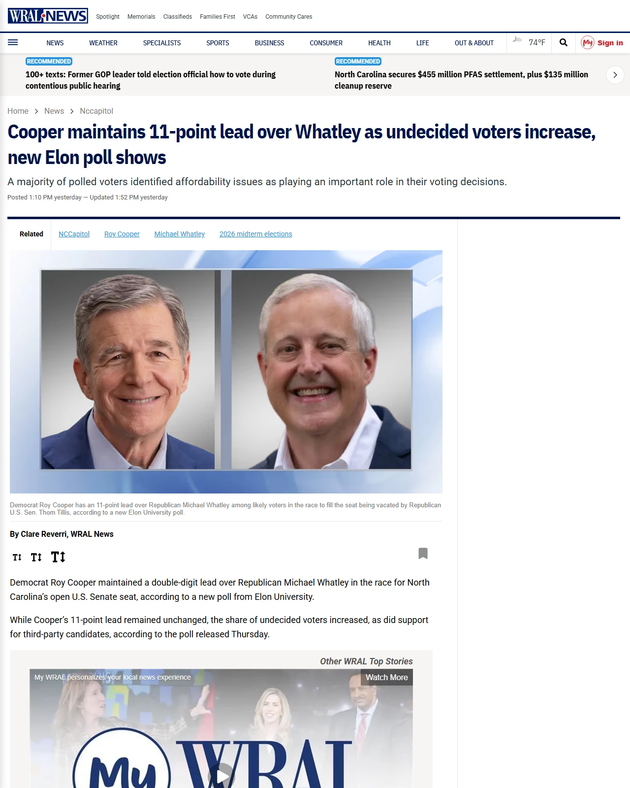 wral.com as published: Cooper maintains 11-point lead over Whatley as undecided voters increase, new Elon poll shows