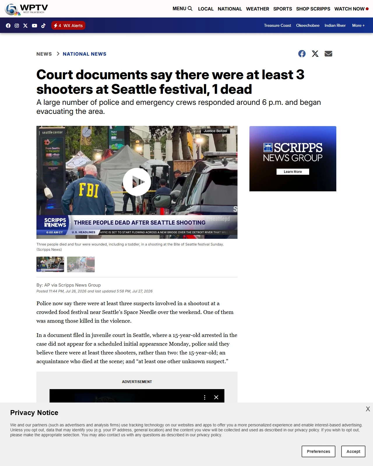 wptv.com as published: Court documents say there were at least 3 shooters at Seattle festival, 1 dead