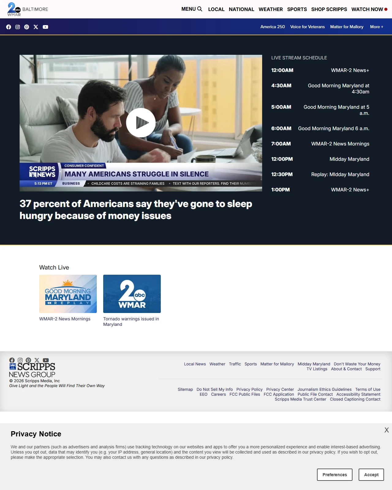 wmar2news.com as published: 37 percent of Americans say they've gone to sleep hungry because of money issues