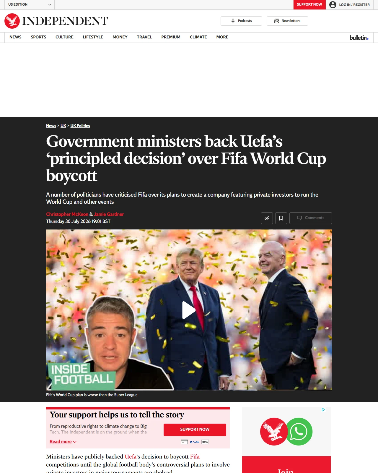independent.co.uk as published: Government ministers back Uefa’s ‘principled decision’ over Fifa World Cup boycott