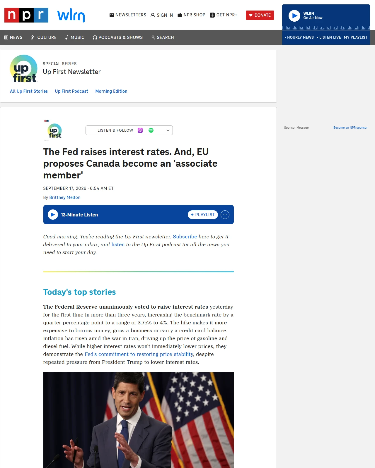 npr.org as published: The Fed raises interest rates. And, EU proposes Canada become an 'associate member'