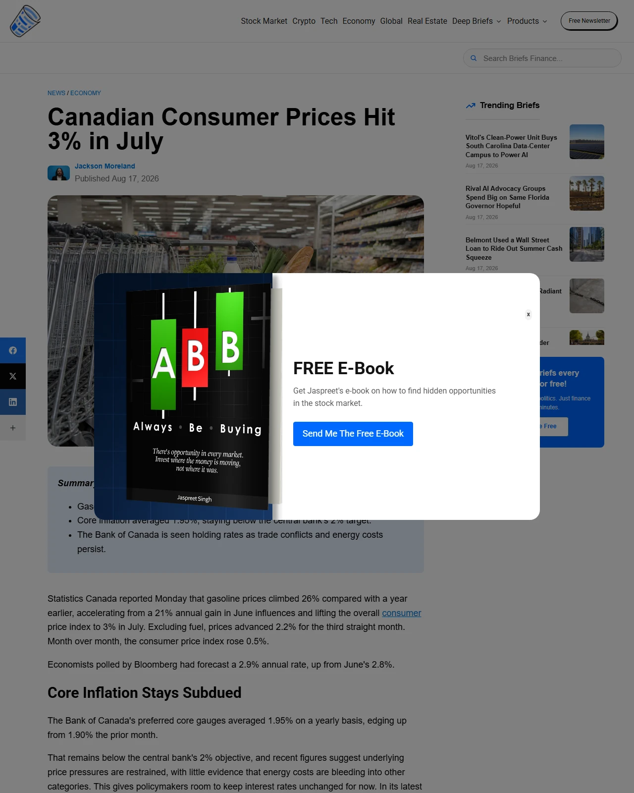 briefs.co as published: Canada Inflation Hits 3% in July on Gasoline Surge