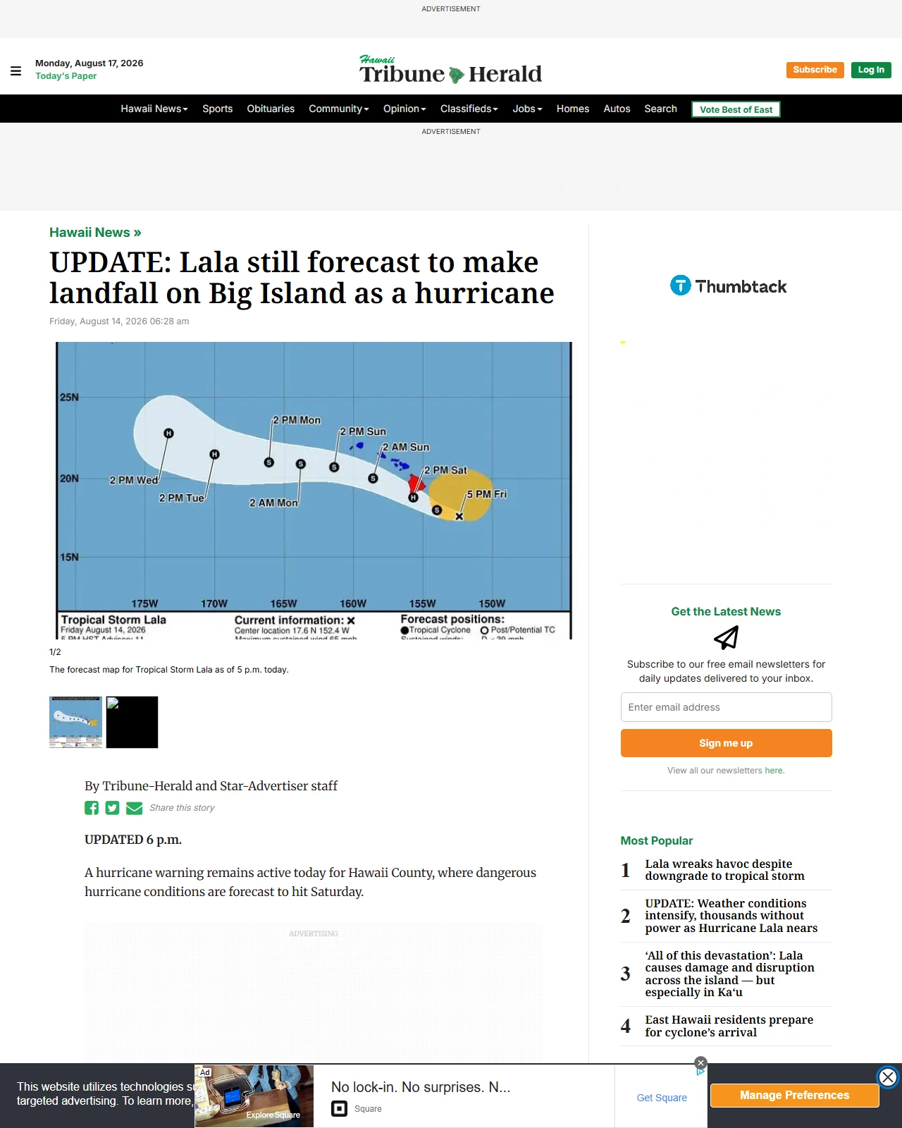 hawaiitribune-herald.com as published: UPDATE: Lala still forecast to make landfall on Big Island as a hurricane - Hawaii Tribune-Herald