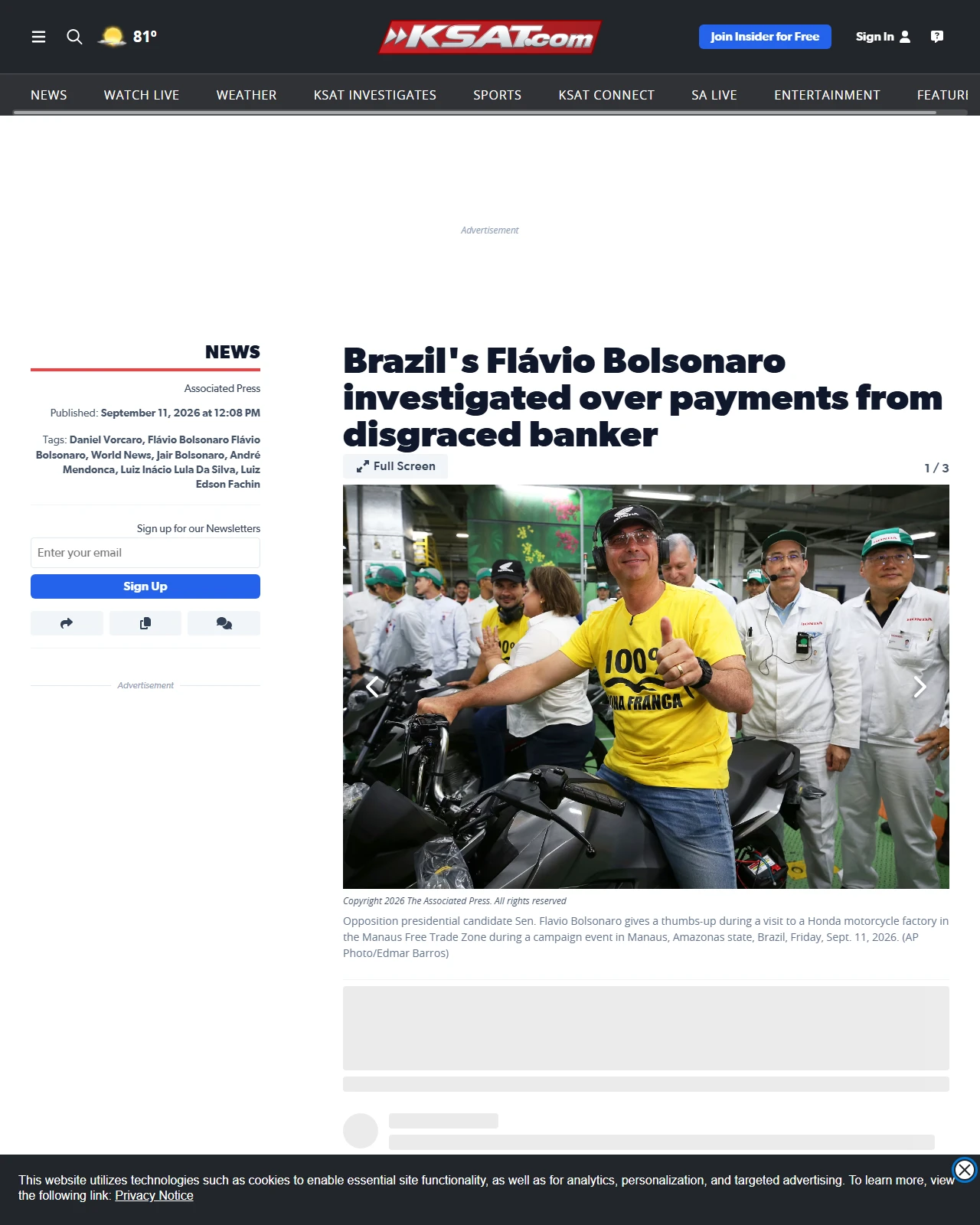 ksat.com as published: Brazil's Flávio Bolsonaro investigated over payments from disgraced banker