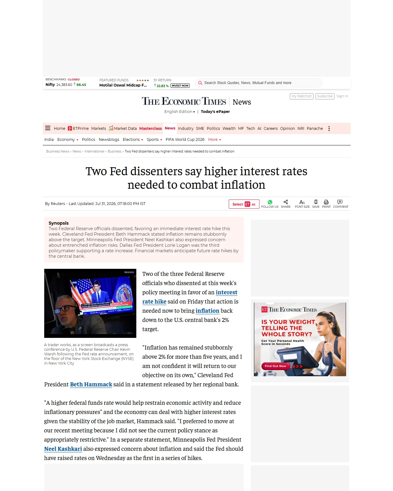 economictimes.com as published: Two Fed dissenters say higher interest rates needed to combat inflation
