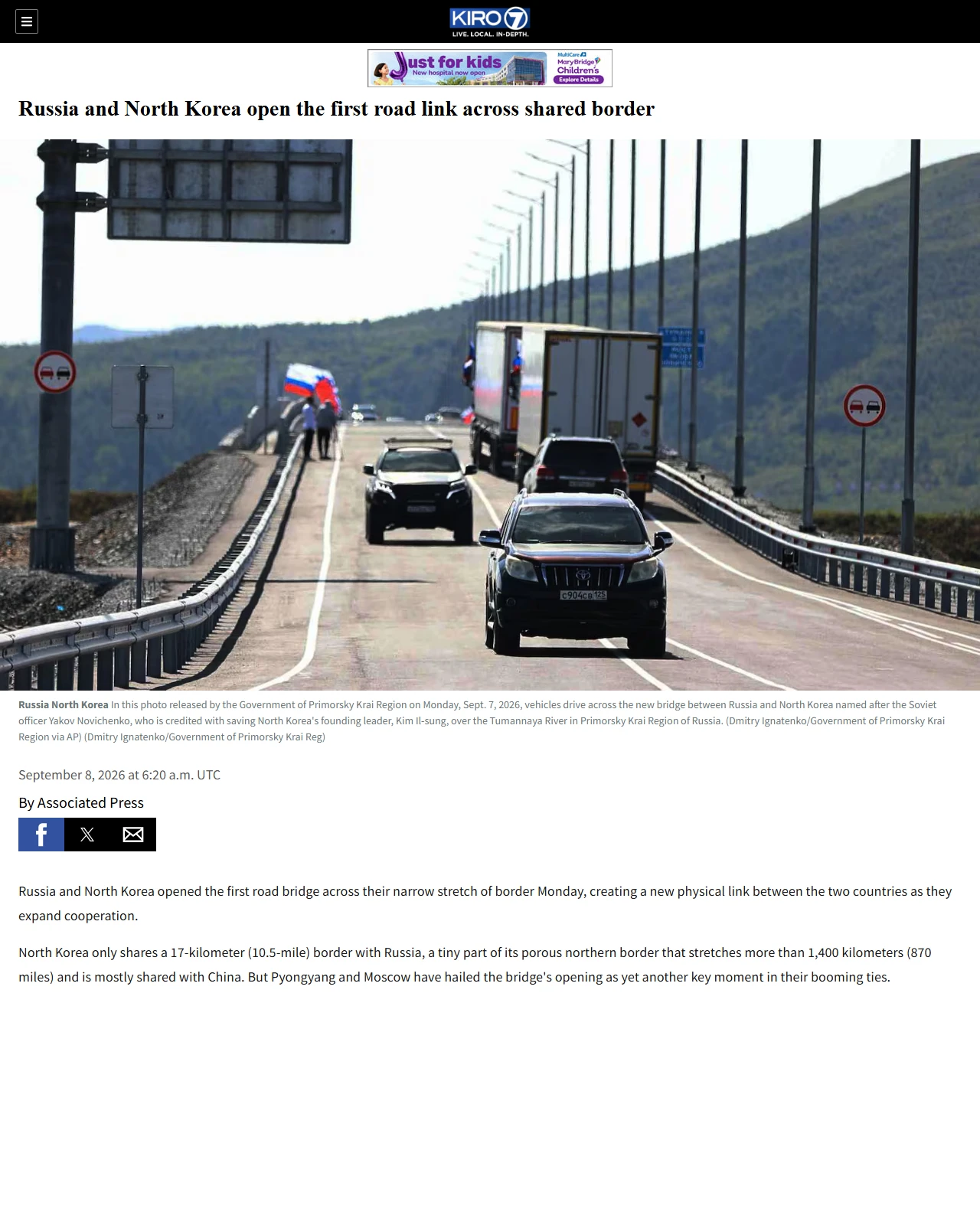 kiro7.com as published: Russia and North Korea open the first road link across shared border