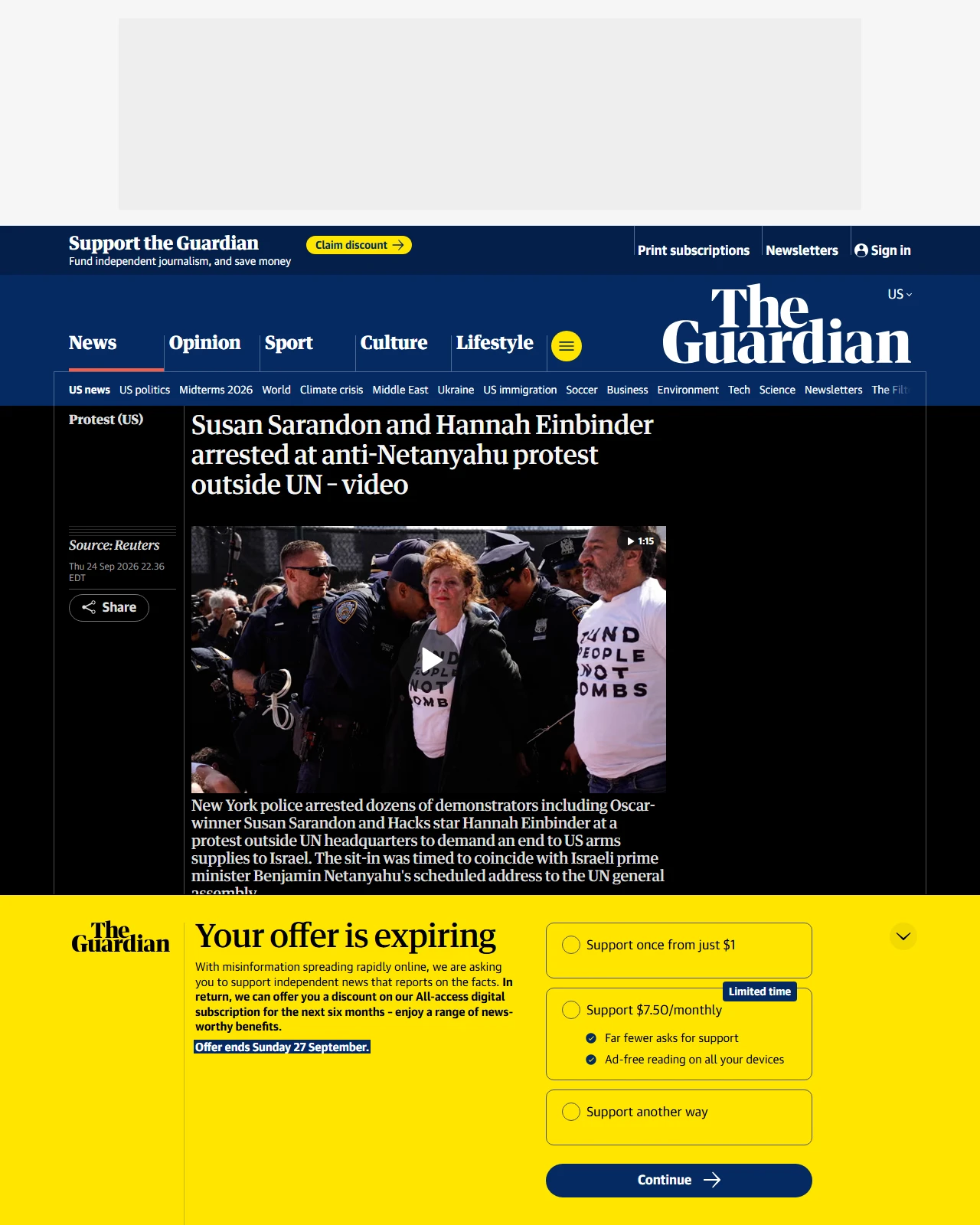 theguardian.com as published: Susan Sarandon and Hannah Einbinder arrested at anti-Netanyahu protest outside UN – video