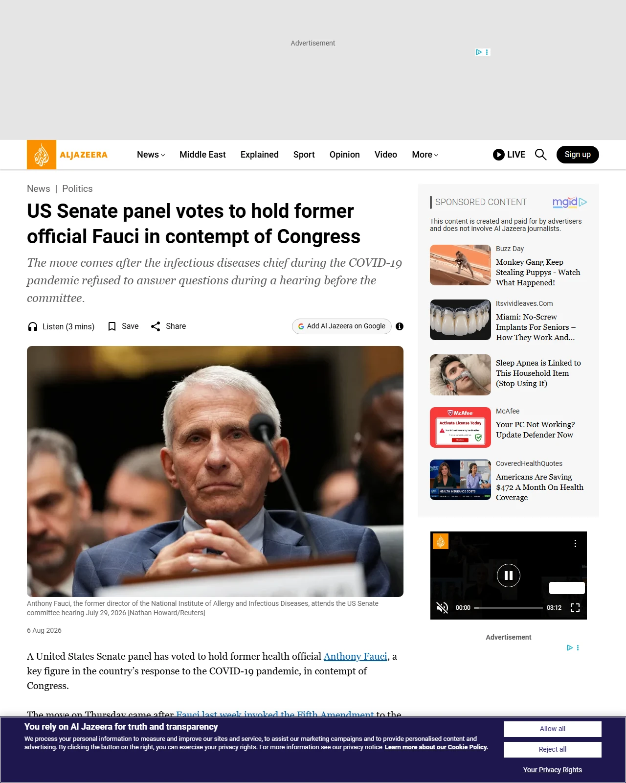 aljazeera.com as published: US Senate panel votes to hold former official Fauci in contempt of Congress