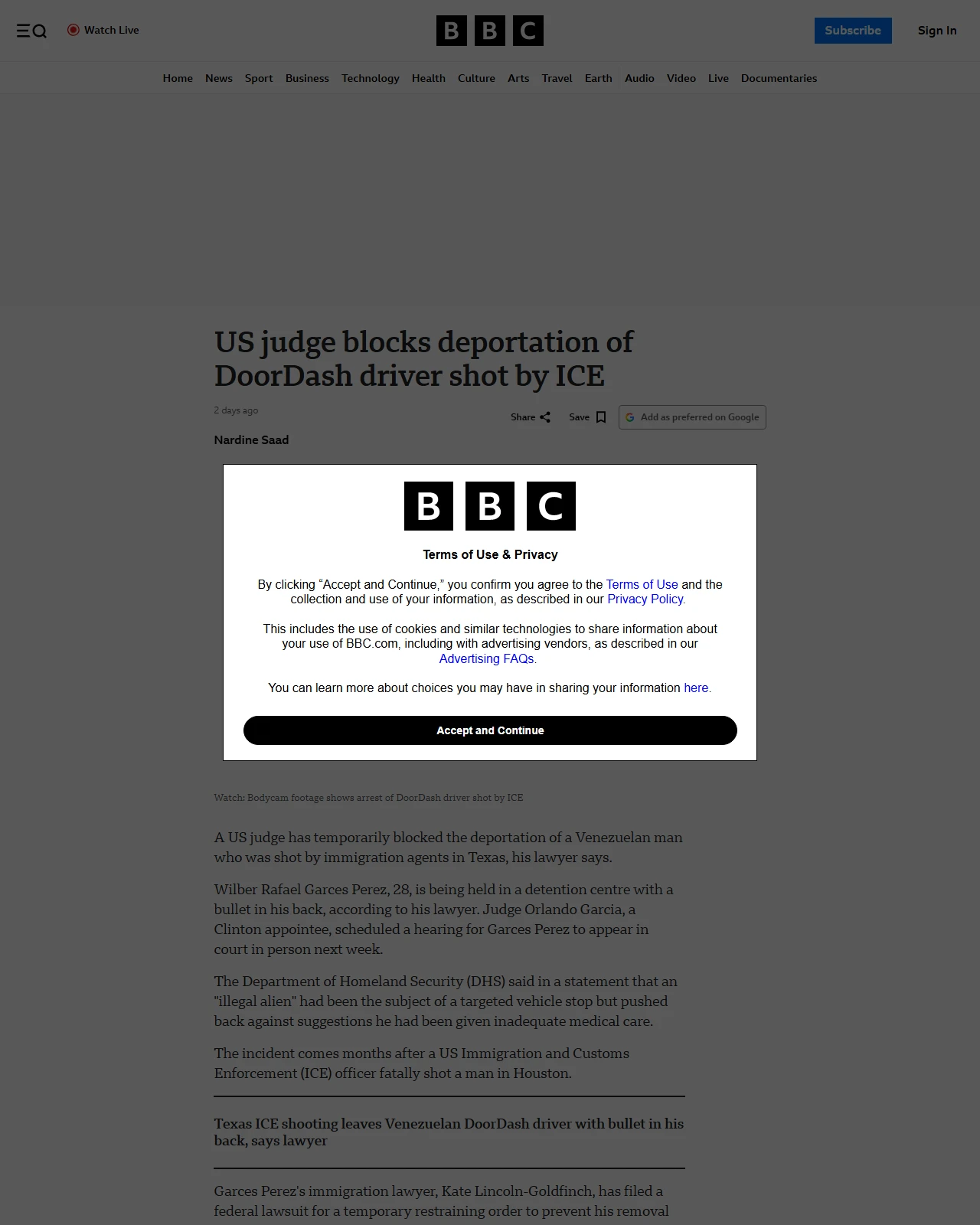 bbc.com as published: US judge blocks deportation of DoorDash driver shot by ICE