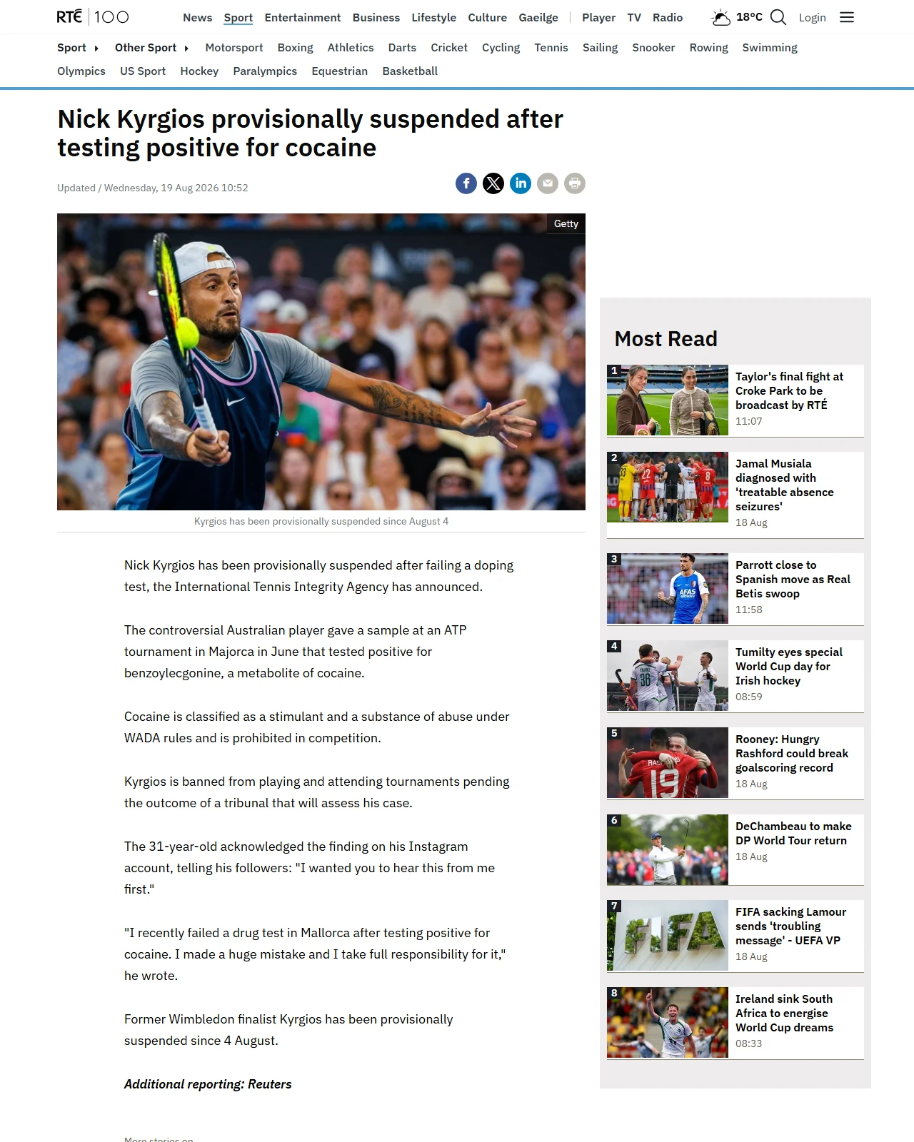 rte.ie as published: Kyrgios provisionally suspended for positive cocaine test