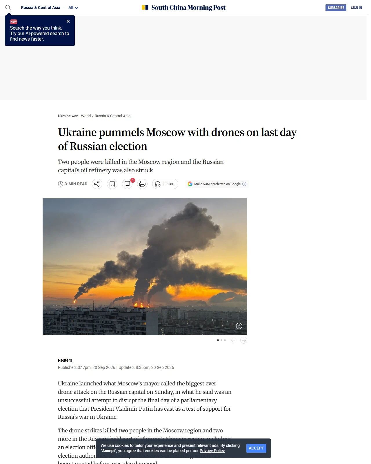 scmp.com as published: Ukraine pummels Moscow with drones on last day of Russian election