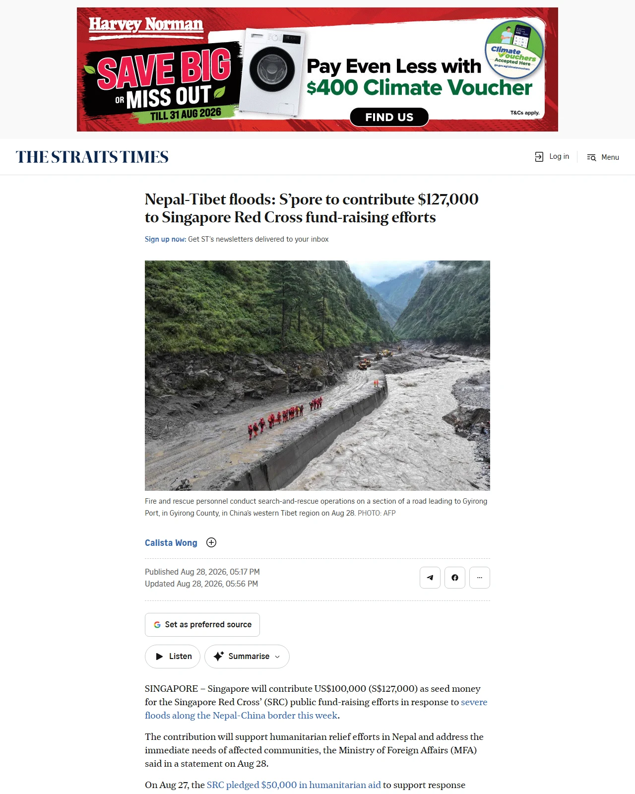 straitstimes.com as published: Nepal-Tibet floods: S’pore to contribute $127,000 to Singapore Red Cross fund-raising efforts