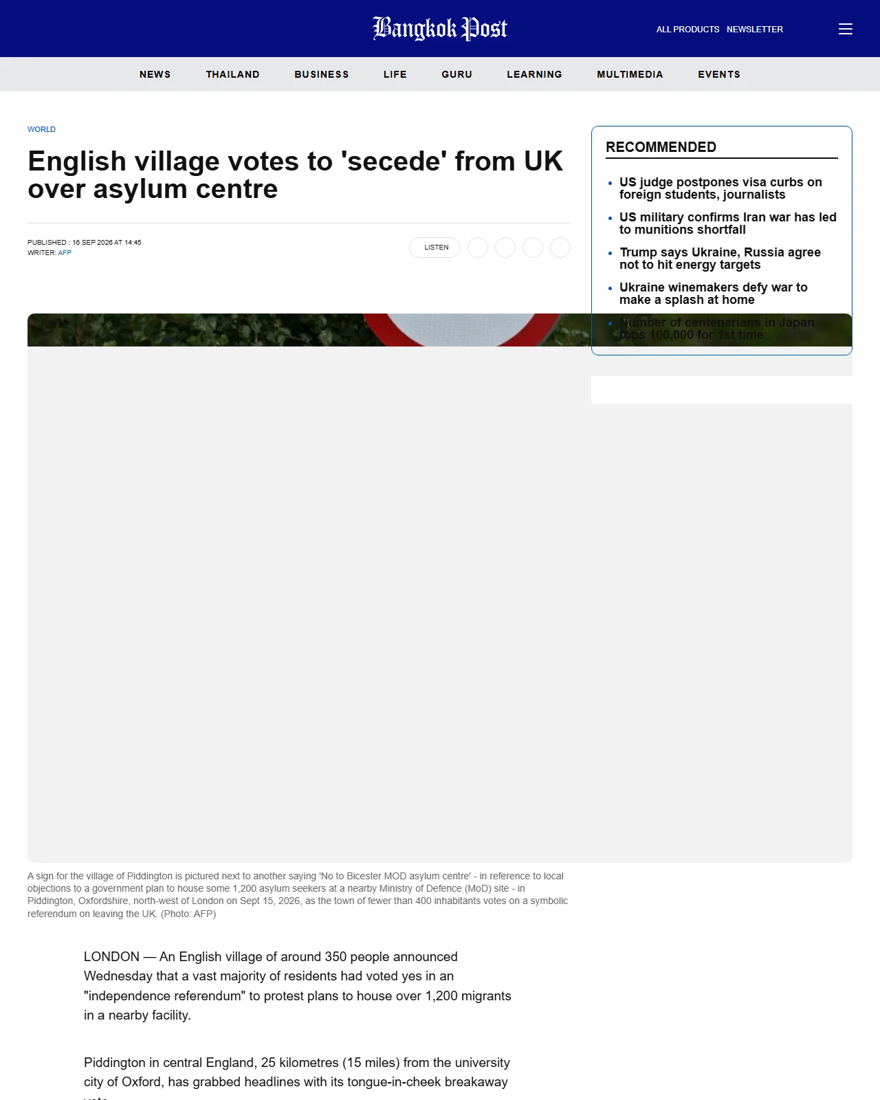 bangkokpost.com as published: English village votes to 'secede' from UK over asylum centre