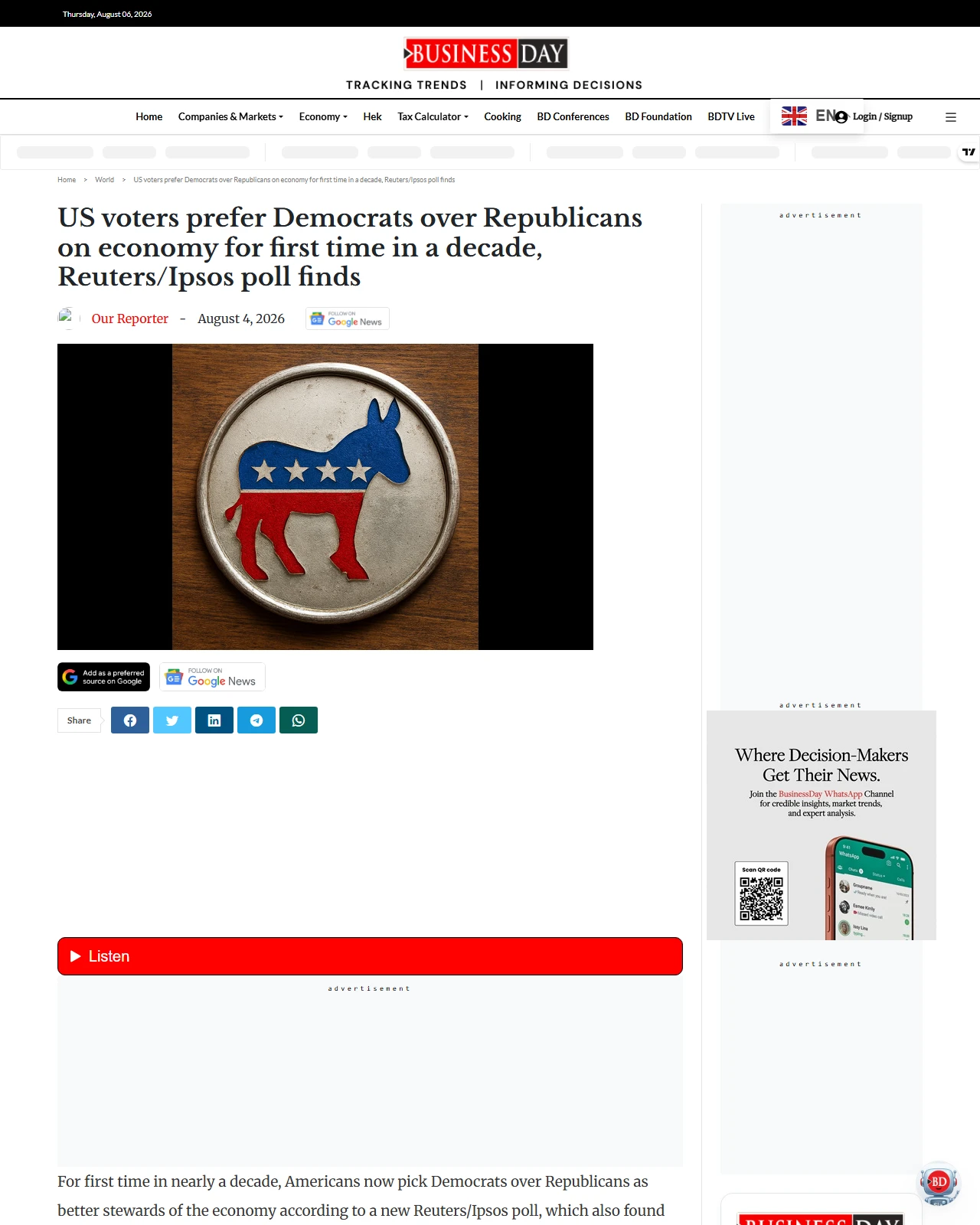 businessday.ng as published: US voters prefer Democrats over Republicans on economy for first time in a decade, Reuters/Ipsos poll finds