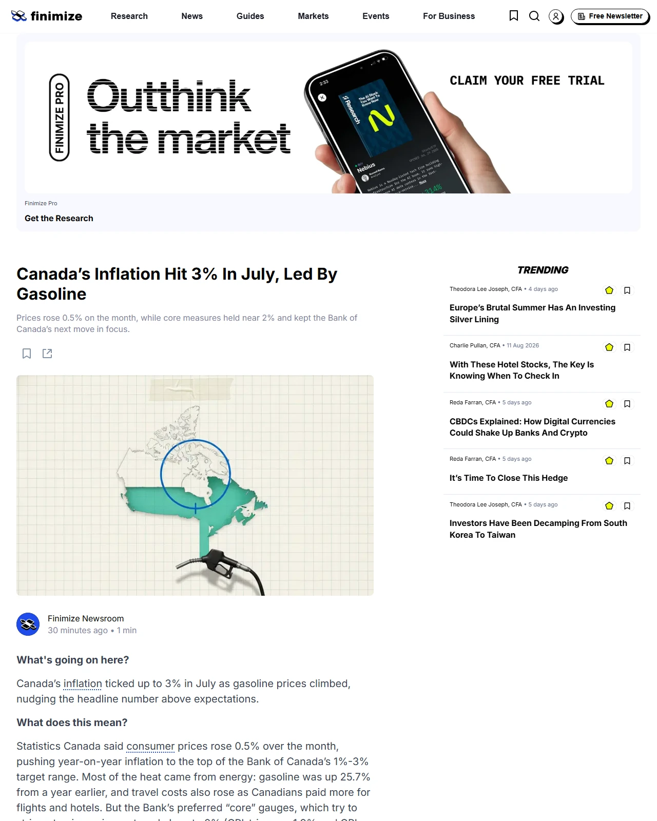 finimize.com as published: Canada’s Inflation Hit 3% In July, Led By Gasoline
