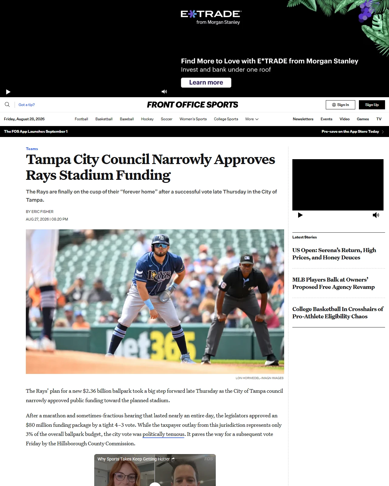 frontofficesports.com as published: Tampa City Council Narrowly Approves Rays Stadium Funding