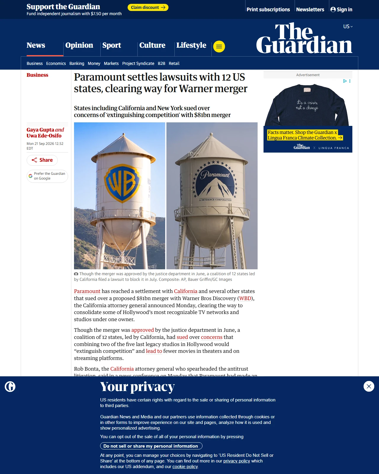 theguardian.com as published: Paramount settles lawsuits with 12 US states, clearing way for Warner merger