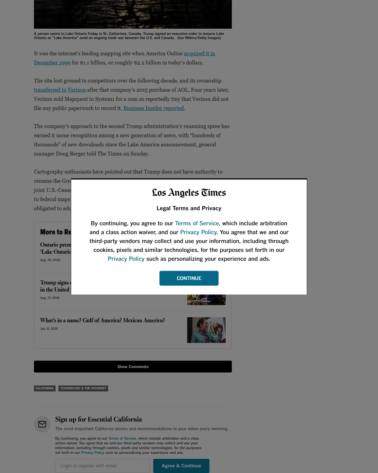 latimes.com as published: 'We're not changing it': SoCal-based Mapquest takes stand against Trump's 'Lake America'