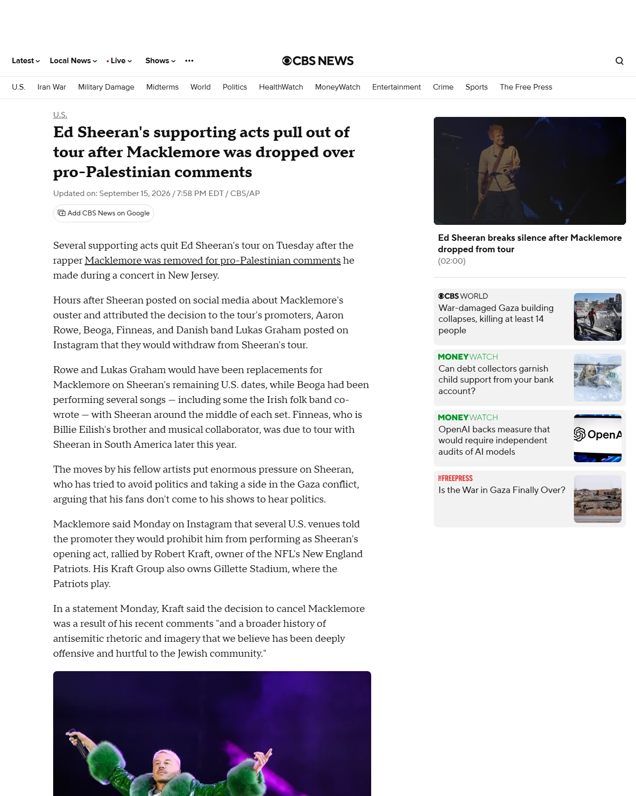 cbsnews.com as published: Ed Sheeran's supporting acts pull out of tour after Macklemore was dropped
