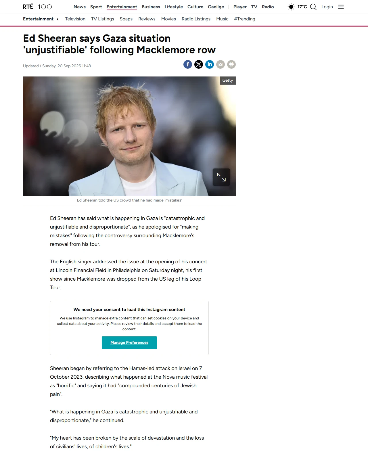 rte.ie as published: Sheeran says Gaza situation 'unjustifiable' following row