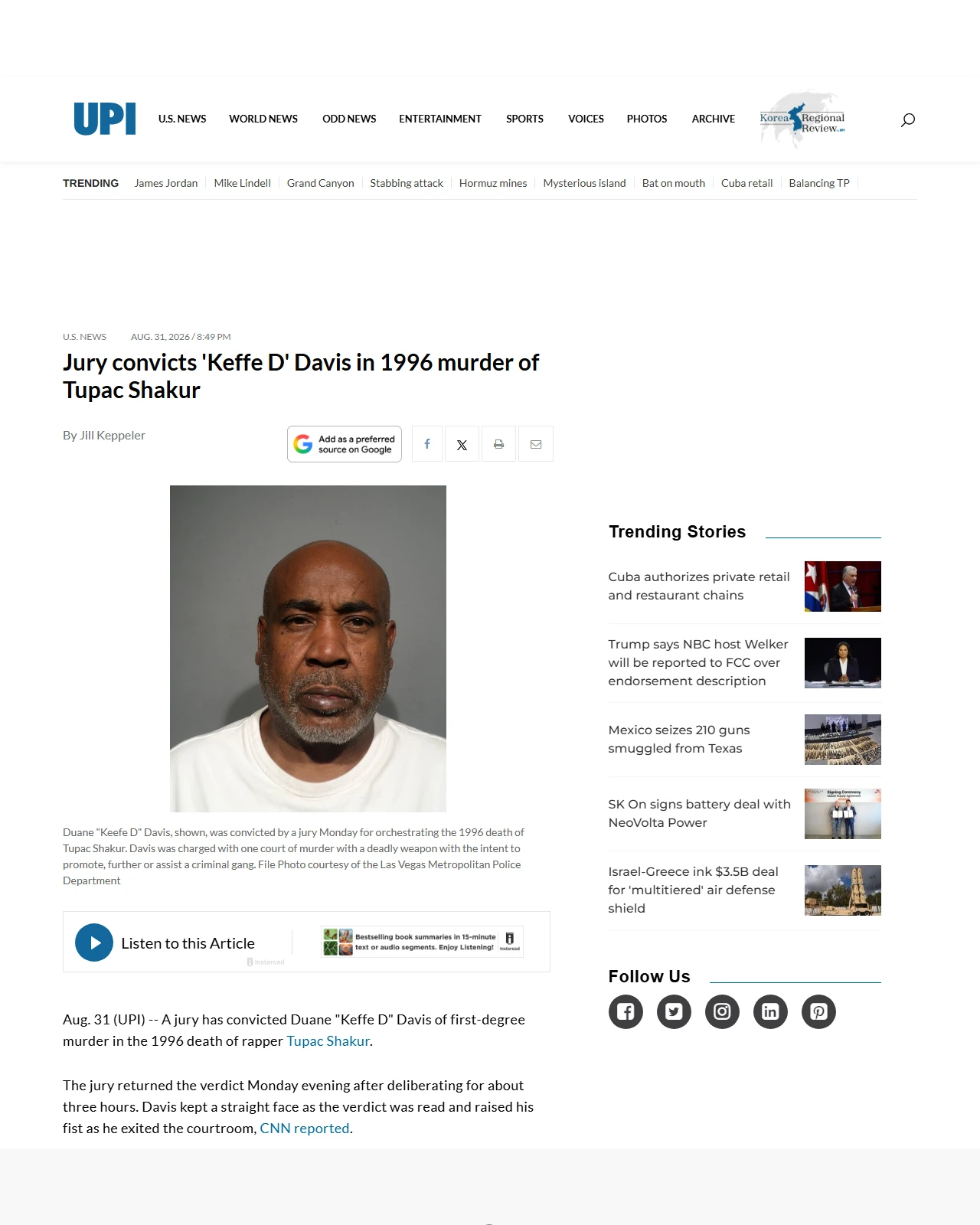 upi.com as published: Jury convicts ‘Keffe D’ Davis in 1996 murder of Tupac Shakur