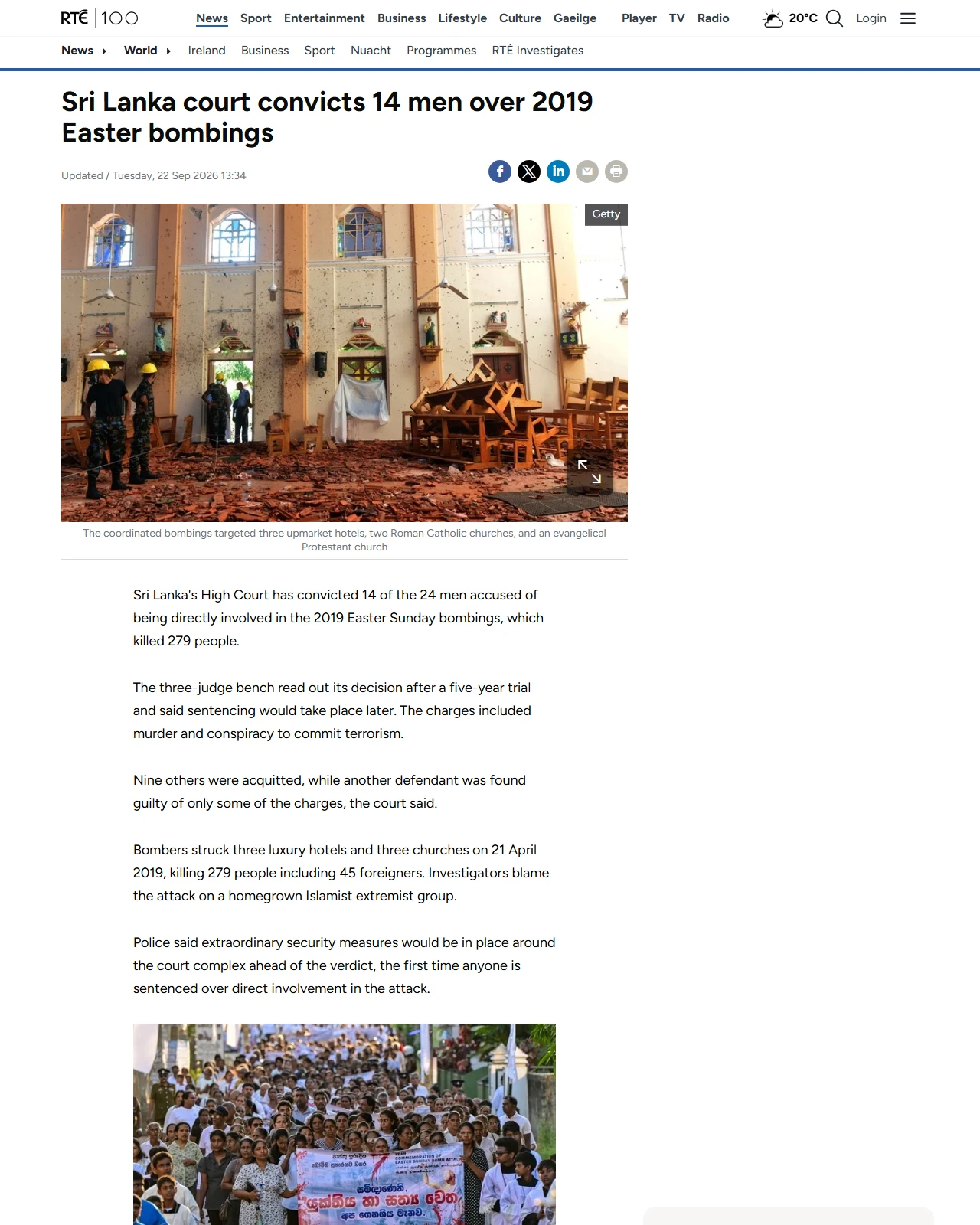 rte.ie as published: Sri Lanka court convicts 14 men over 2019 Easter bombings