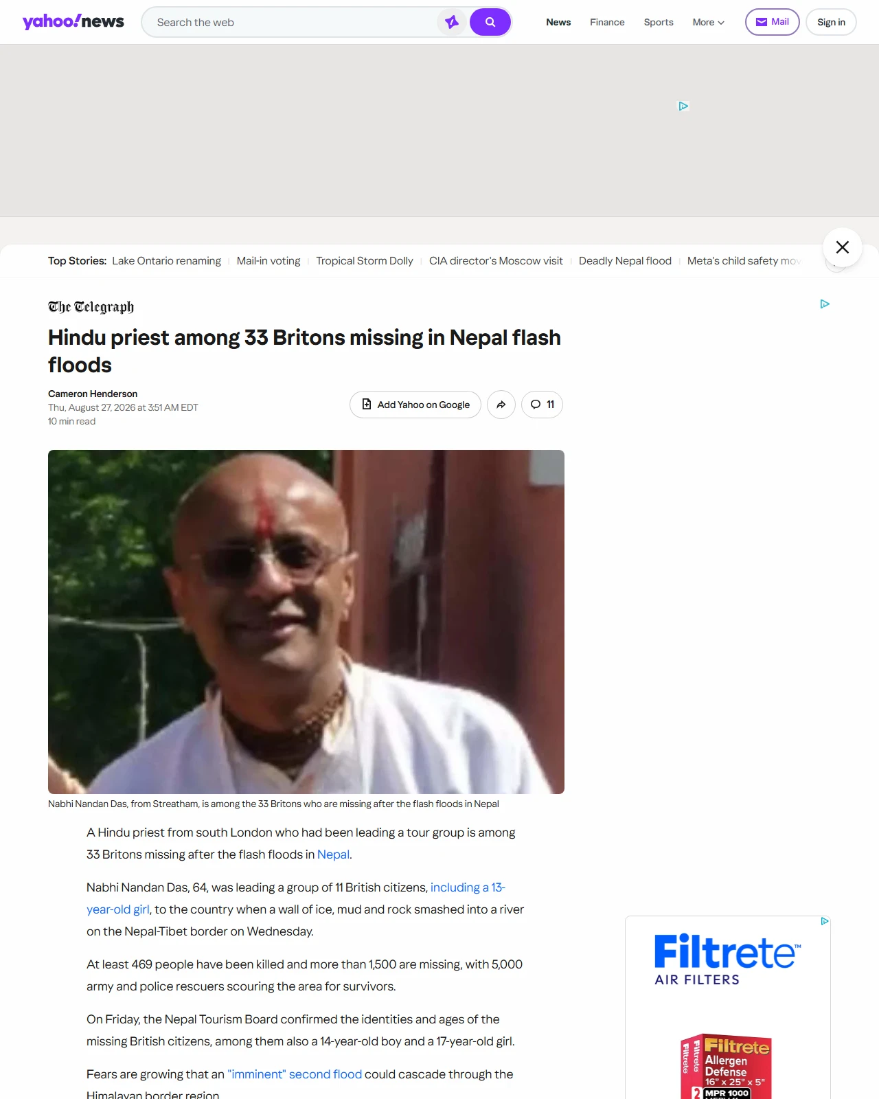 yahoo.com as published: Glacier collapse caused deadly Nepal flood, experts say
