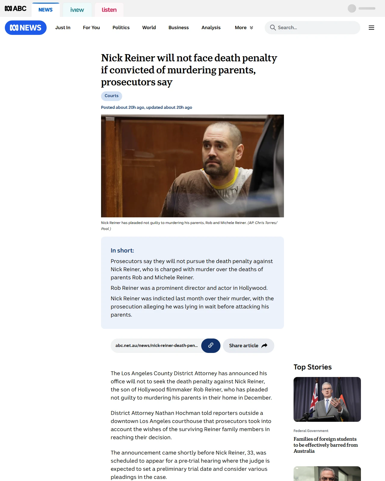 abc.net.au as published: Nick Reiner will not face death penalty over parents' killings, prosecutors say - ABC News & Headlines – Australian Broadcasting Corporation