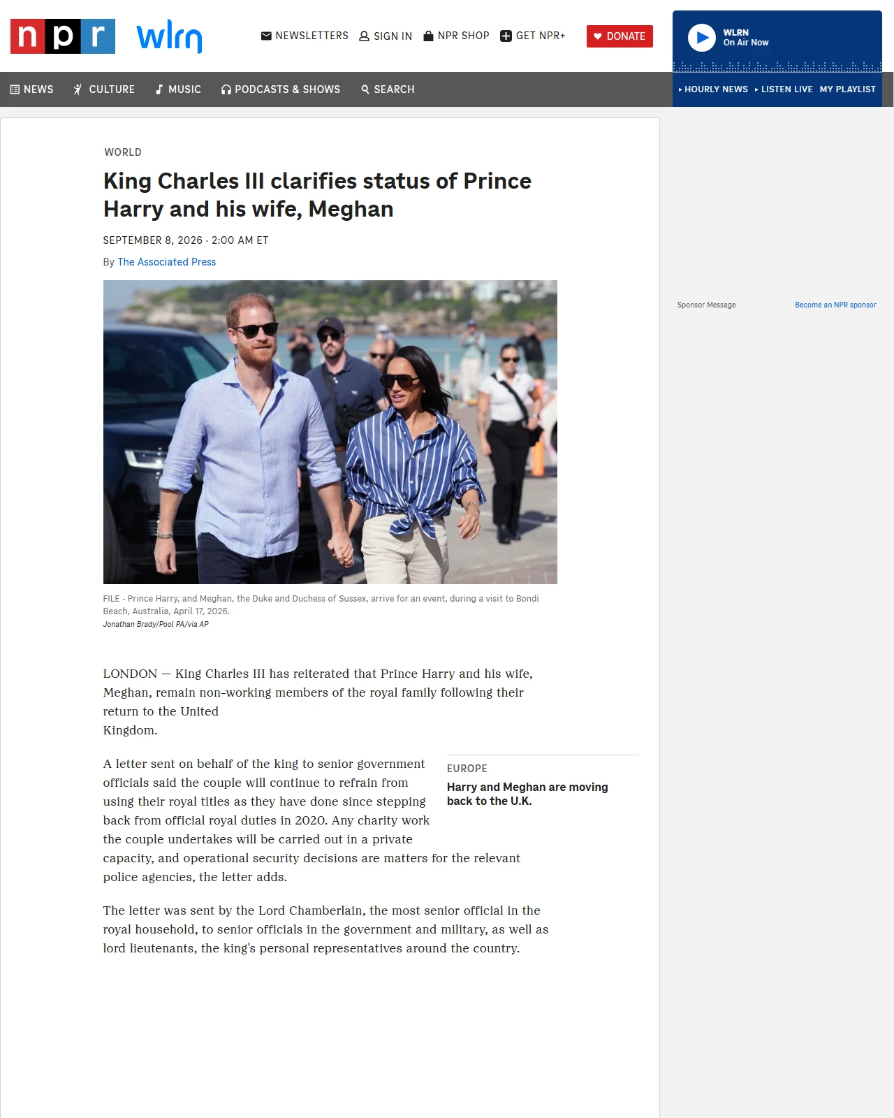 npr.org as published: King Charles III clarifies status of Prince Harry and his wife, Meghan