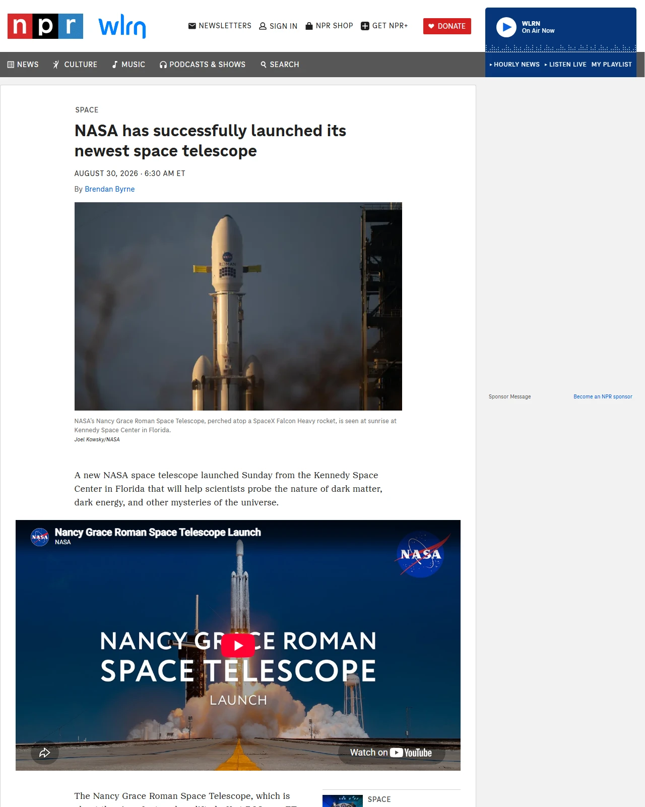 npr.org as published: WATCH LIVE: NASA successfully launches its newest space telescope