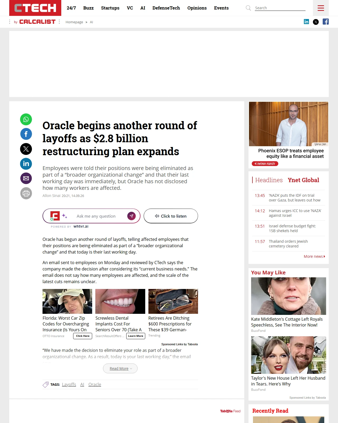 calcalistech.com as published: Oracle begins another round of layoffs as $2.8 billion restructuring plan expands