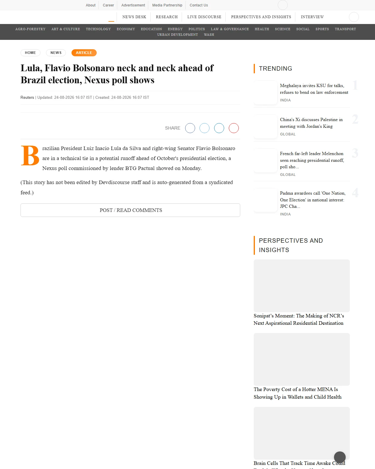 devdiscourse.com as published: Lula, Flavio Bolsonaro neck and neck ahead of Brazil election, Nexus poll shows